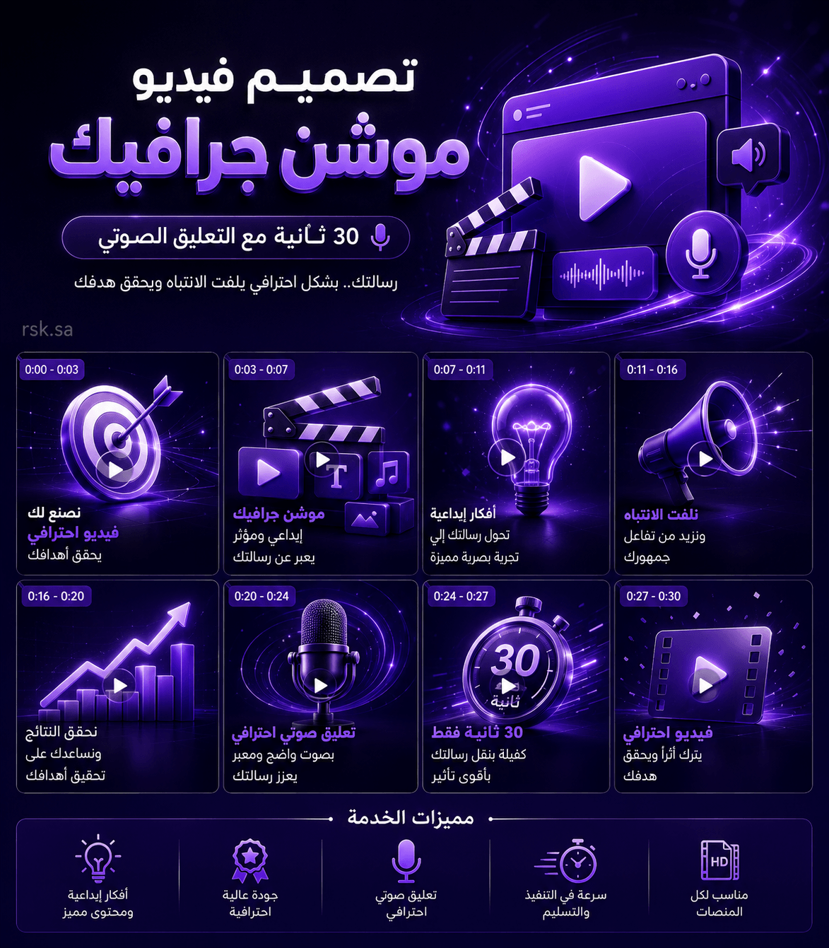 تصميم فيديو موشن جرافيك 30 ثانية مع التعليق الصوتي